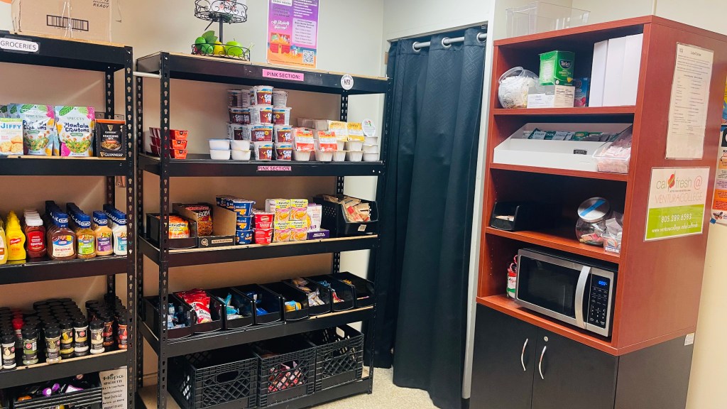 Daily snack section inside Ventura College’s Basic Needs Center offering grab-and-go items for students.